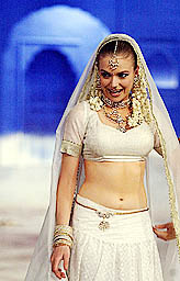 British actress Antonia Bernath wearing an Indian ethnic dress practices dance steps during the shooting of Bollywood film Kisna in Mumbai on Monday.