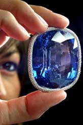 The Blue Giant of the Orient, a rectangular-cut worlds largest faceted Kashmir sapphire of 486.52 carat,  is displayed at Christies headquarters in Geneva on Wednesday.
