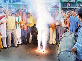 A firework display by the Youth Congress in Sector 8 to mark the victory of Mr Pawan Bansal, Congress candidate, in Chandigarh, on Thursday.