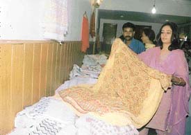 Ms Rohini of "Kaara" shows an embroidered saree at an exhibition 