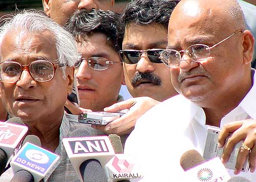 WHAT CAN WE SAY: National BJP President Venkaiah Naidu and NDA convener George Fernandes with mediapersons in New Delhi on Thursday. 