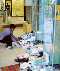 The ransacked shop in Sector 35 of Chandigarh from where mobile phones were stolen on Thursday night