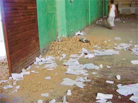 The dug-up floors of the Shastri Badminton Hall after it was used for election purpose in Ludhiana