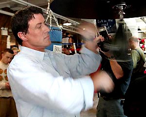 Sylvester Stallone hits a speed bag at the Trinity Boxing gym in New York 
