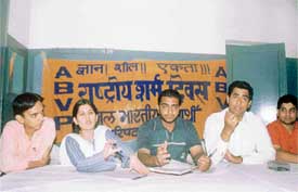 Members of the Akhil Bharatiya Vidyarthi Parishad address a press conference