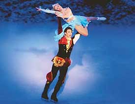 Skaters Mandy Woetzel as Sleeping Beauty and Vadim Yarkov as Prince Desire perform a scene during a preview of the show 'The Sleeping Beauty on Ice'