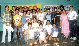 The winners and runners-up of the Cosco Prize Money Badminton Tournament with former Asian champion Dinesh Khanna