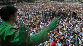 Peoples Conference Chairman Sajad Gani Lone addresses a mammoth public rally organised to commemorate the 2nd martydom anniversary of slain Kashmiri leader Abdul Gani Lone in Srinagar on Saturday. 
