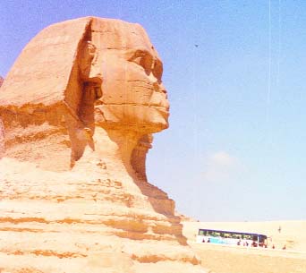 The Sphinx, with the body of a lion and the head of a pharaoh.