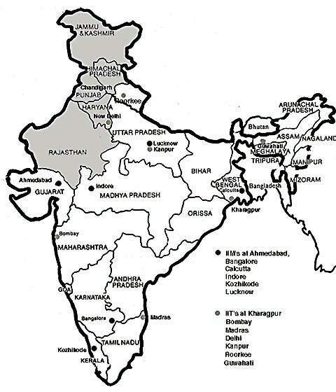 In this map, the grey area covering Jammu and Kashmir, Punjab, Haryana, Himachal Pradesh and Rajasthan neither has an IIM nor an IIT