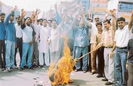 Activists of the All-India Anti-Terrorist Front burn an effigy of terrorism in Ludhiana on Tuesday in protest