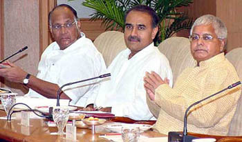 Sharad Pawar, Praful Patel and Laloo Prasad Yadav at a UPA meeting in the Capital