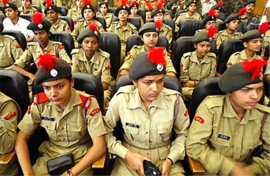 NCC cadets attend a function during a national integration camp near Srinagar on Wednesday
