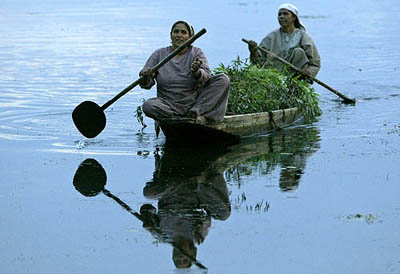 Kashmiri Muslim women row their boat on the waters of famous Dal Lake in Srinagar 