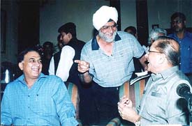 National Cricket Academy Chairman and former cricketer Sunil Gavaskar, Bishen Singh Bedi and BCCI President Jagmohan Dalmiya share a light moment 
