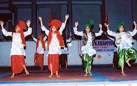 Students perform bhangra at the concluding function of Vedic Karamayoga Camp held at BCM Arya Model School in Ludhiana