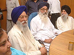 Mr Parkash Singh Badal (centre), president, SAD, presides over a meeting of the Political Affairs Committee at the SGPCs Guru Nanak Nivas, Amritsar, on Tuesday.