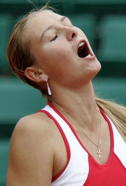 Maria Sharapova of Russia reacts during her quarter-final match against Paola Suarez of Argentina in the French Open tennis tournament at Roland Garros stadium in Paris, on Tuesday. Suarez won the match 6-1, 6-3. 