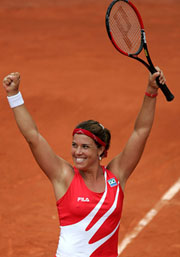 Jennifer Capriati reacts after defeating Serena Williams in the quarter-finals of the French Open. Capriati won 6-3, 2-6, 6-3.