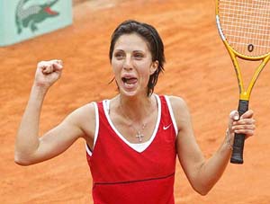 Russian Anastasia Myskina reacts after defeating Venus Williams of the USA in the quarterfinals of the French Open