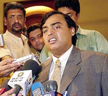 Reliance Industries Chairman Mukesh Ambani talks to mediapersons after a meeting with the Union Finance Minister P. Chidambaram in Mumbai on Thursday. Equities crashed at the bourses pulling down Sensex by 105.70 points to 4,817.98 as Mr Chidambarams visit failed to instil any confidence among investors.