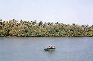 An idyllic view of the Sauparnika river along National Highway -17.