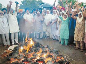 Members of the "Kisan Hit Bachao Committee" burn an effigy of Capt Kanwaljit Singh near Sohana