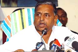 Uttar Pradesh Chief Minister Mulayam Singh Yadav at a press conference in Lucknow