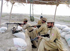 Pakistani paramilitary soldiers man a post on the outskirts of Wana