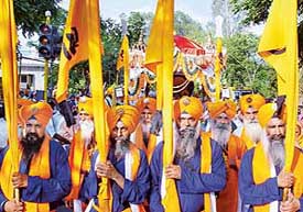 A nagar kirtan in progress to mark the martyrdom day of Guru Arjan Dev in Chandigarh on Monday.