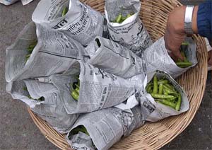 Green chillies being sold in "paper bags" at Lower Bazaar of Shimla