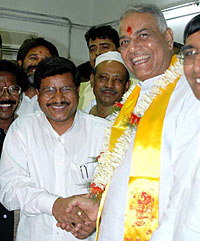 Former External Affairs Minister and BJP national spokesman Yashwant Sinha being greeted by Babulal Marandi, MP and former Chief Minister, Jharkhand, after filing nomination paper for the Rajya Sabha elections from Jharkhand, Ranchi, on Wednesday.