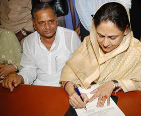 Samajwadi Party candidate Jaya Bachchan files nomination papers for the Rajya Sabha elections in the presence of Samajwadi Party supremo and Uttar Pradesh Chief Minister Mulayam Singh Yadav in Lucknow on Wednesday.