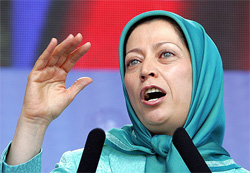 Miriam Rajavi, the leader of the National Council of Resistance of Iran, speaks at a rally