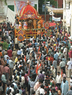 Devotees taking part in the Lord Jagannath rath yatra at Tyagraj Nagar in the Capital on Saturday.