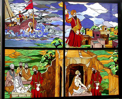 Ship carrying Baba Makhan Shah Lobana caught in a storm, Baba Makhan Shah offers five mohars to a person posing as guru at Baba Bakala; Baba Makhan Shah in conversation with the ninth guru, Guru Tegh Bahadur,and Baba Makhan Shah announces the discovery of Guru Tegh Bahadur from rooftops