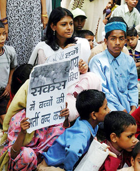 Noted actress and social worker Nandita Das along with the under privileged children at a demonstration organsied by the Bachpan Bachao Andolan at Jantar Mantar in New Delhi on Monday