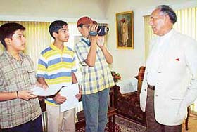 Students of St. Johns School interview Punjab Governor, Justice O.P. Verma (retd), at Raj Bhavan in Chandigarh