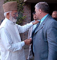 Mr John Cushnahan, head of the European Union Parliamentary delegation (right), with Syeed Ali Shah Geelani, Chairman of the All-Party Hurriyat Conference, at the latters residence on the outskirts of Srinagar