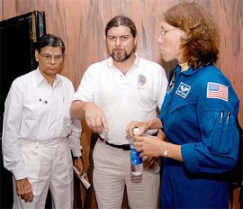 Mr B.L. Chawla (left), father of the late astronaut Kalpana Chawla, her husband Jean Pierre Harrison (centre) and Chawlas colleague Sandra Magnus at the planetarium in Bangalore on Wednesday. 