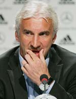 German coach Rudi Voeller pauses during a news conference in Almancil on Thursday