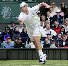 Second seed Andy Roddick of the US hits a forehand return to Wang Yeu-Tzuoo of Taiwan 