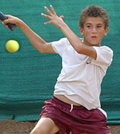 Garry S Amar (under-12) in action during the The Ramgarh Fort Total Tennis Tournament being held at YMCA, Sector 11, in Chandigarh on Friday.