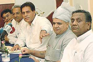 Expelled Haryana MLAs Bhim Sen Mehta, Rajendra Singh Bisla, Karan Singh Dalal, Dev Raj Diwan and Jai Parkash Gupta address a press conference in New Delhi 