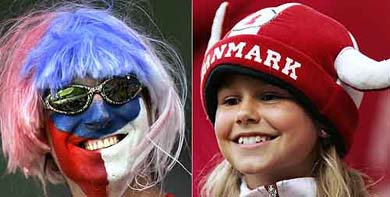 Combo of two pictures showing a Czech Republic supporter and a Danish young fan