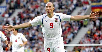Czech Republic's Jan Koller celebrates after scoring the opening goal against Denmark during their Euro 2004 quarterfinal match