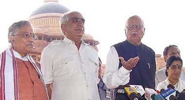 The Leader of the Opposition in the Lok Sabha, Mr L K Advani, along with other senior BJP leaders talking to mediapersons outside Rashtrapati Bhavan on Monday.