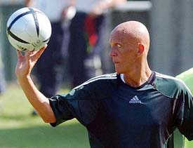Italian referee Pierluigi Collina takes part in a training session in Espinho, near Porto, on Monday