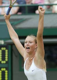 Russia's Maria Sharapova reacts as she defeats Amy Frazier of the USA 