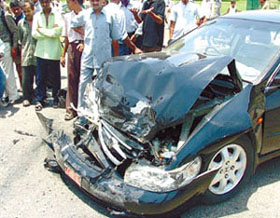 A Honda Accord car which was involved in an accident with another car at Rajpath-Mansingh Road Crossing